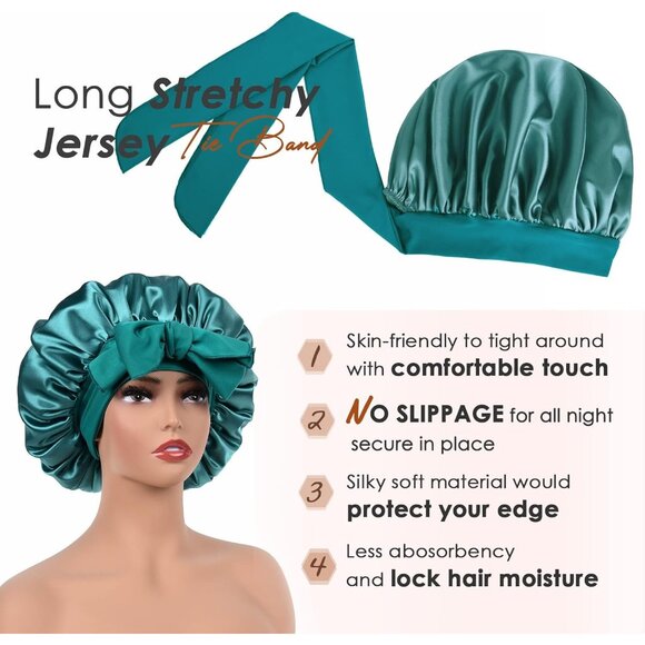 🆕 Women Silk Bonnet Blue Satin Double Layer Lined Hair Tie Band Curly Natural - Picture 4 of 6